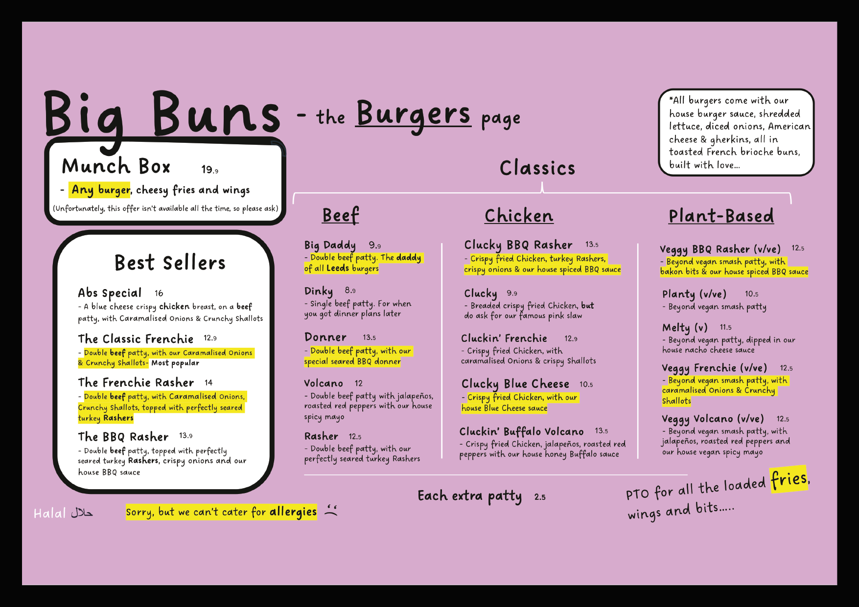 Big Buns full menu page one